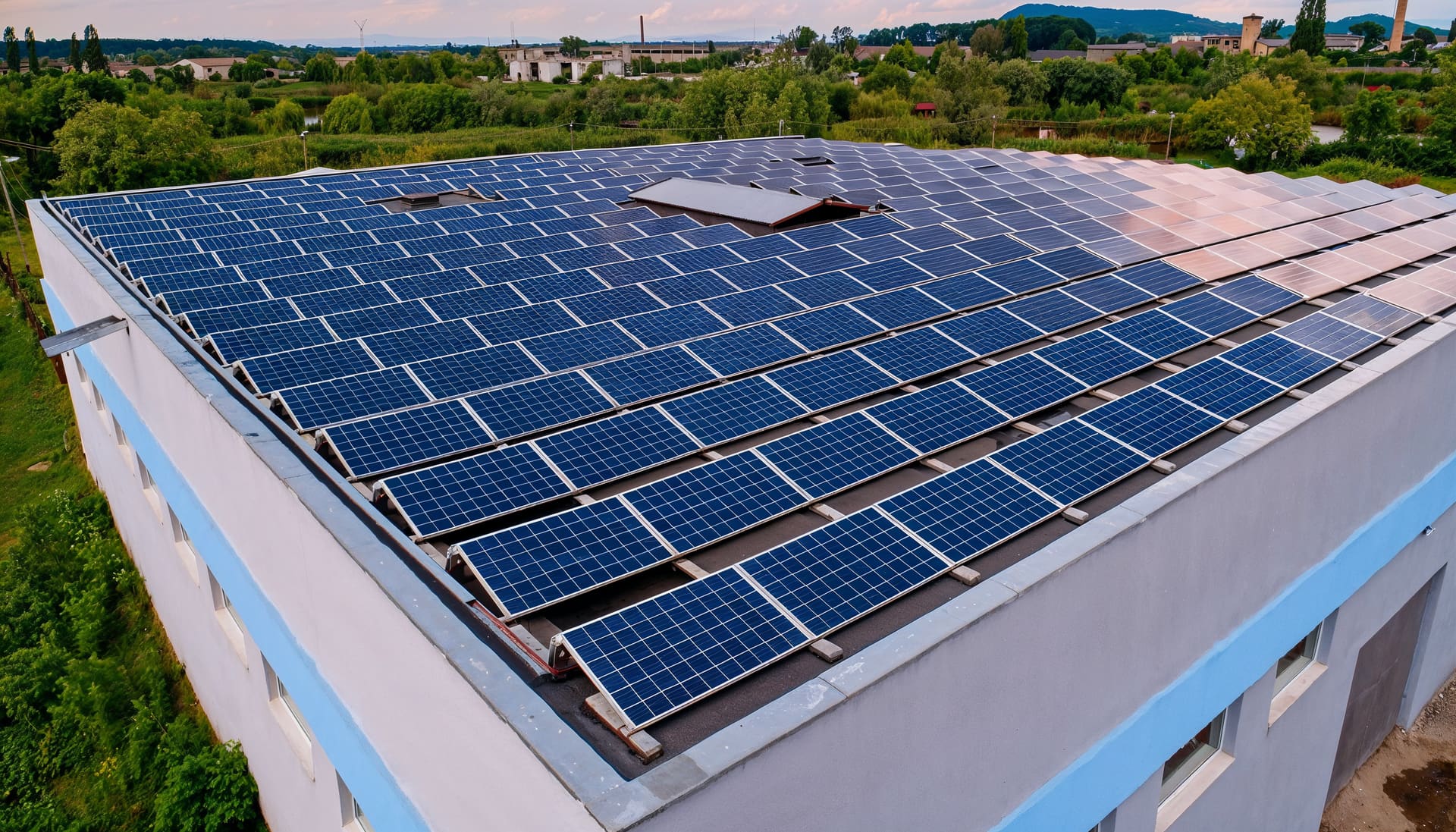 Vista aérea de una cubierta industrial con paneles fotovoltaicos instalados
